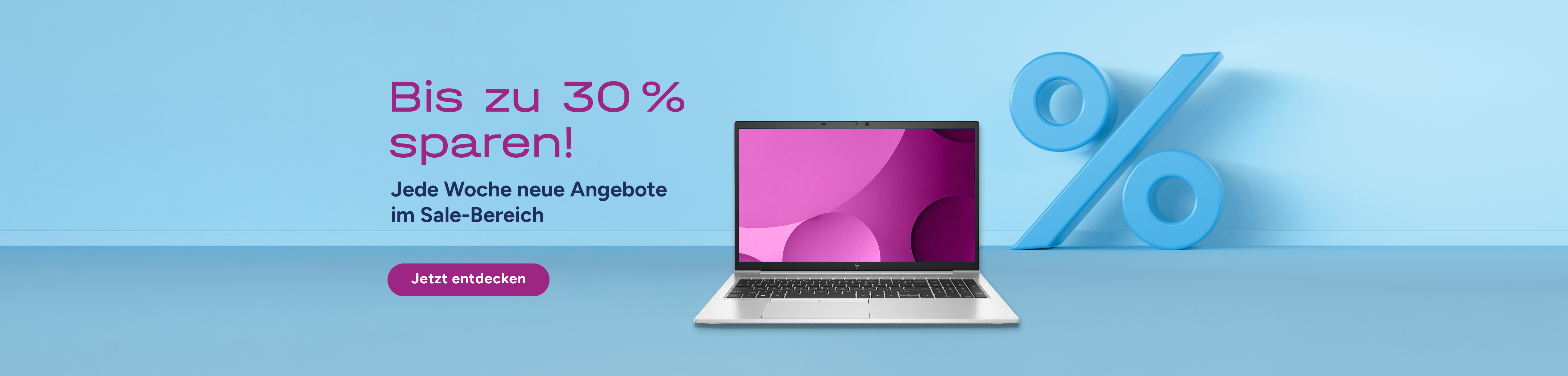 Die Grafik zeigt einen Laptop und einen prozentualen Rabatt.
